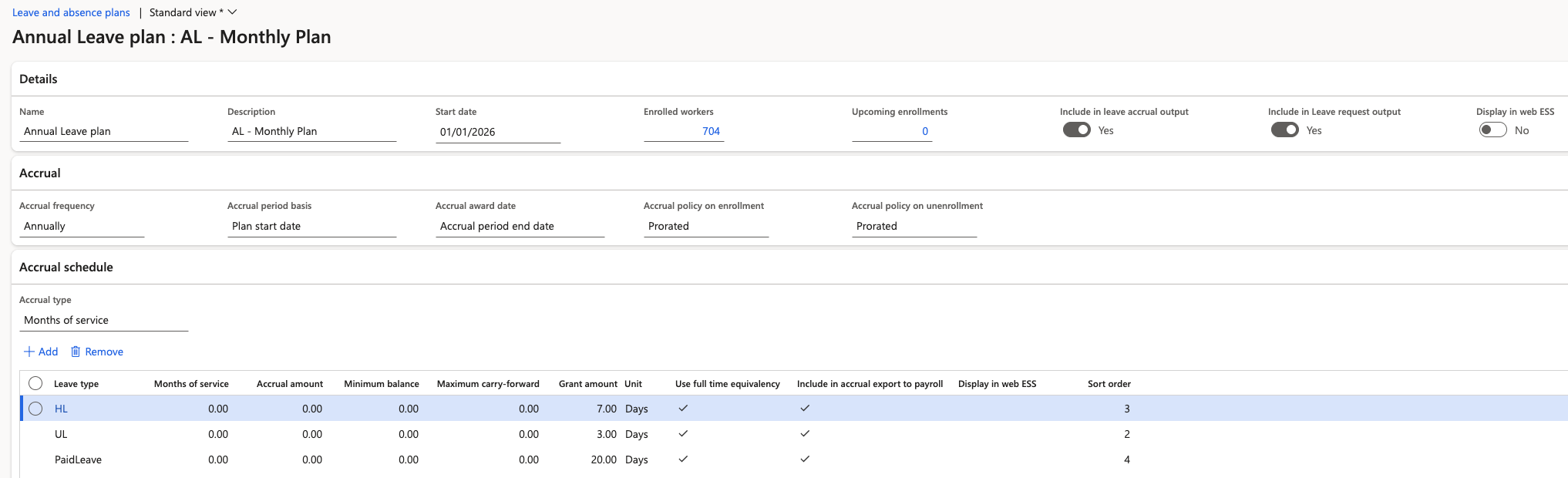 The leave type configuration showing accrual type, months of service and carry forward settings