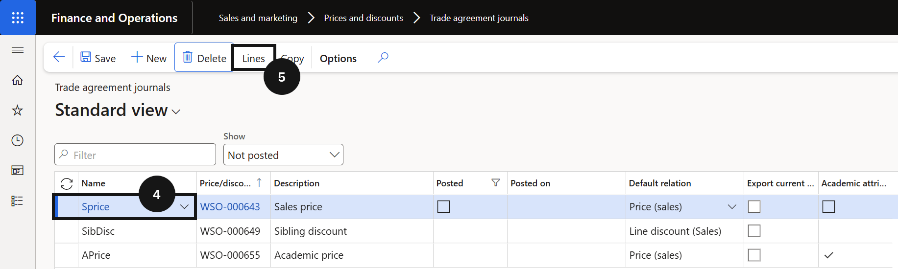 Set Up Non-Tuition Item Prices — the Trade agreement journal Lines view with item rows and required fields