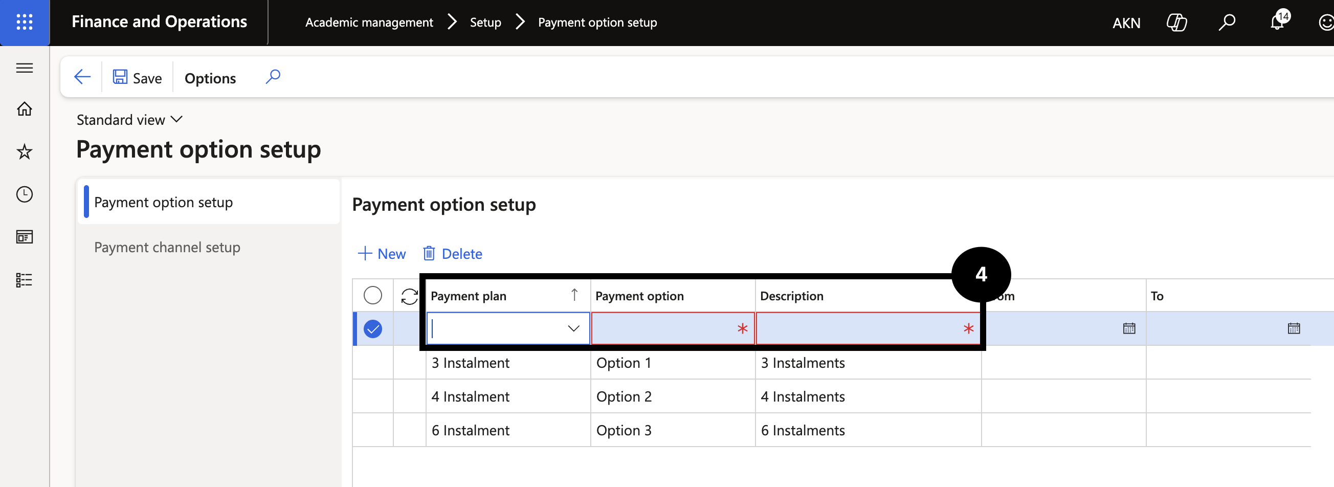 Set Up Payment Options — the Payment option setup form with Payment plan, Payment option, and Description fields