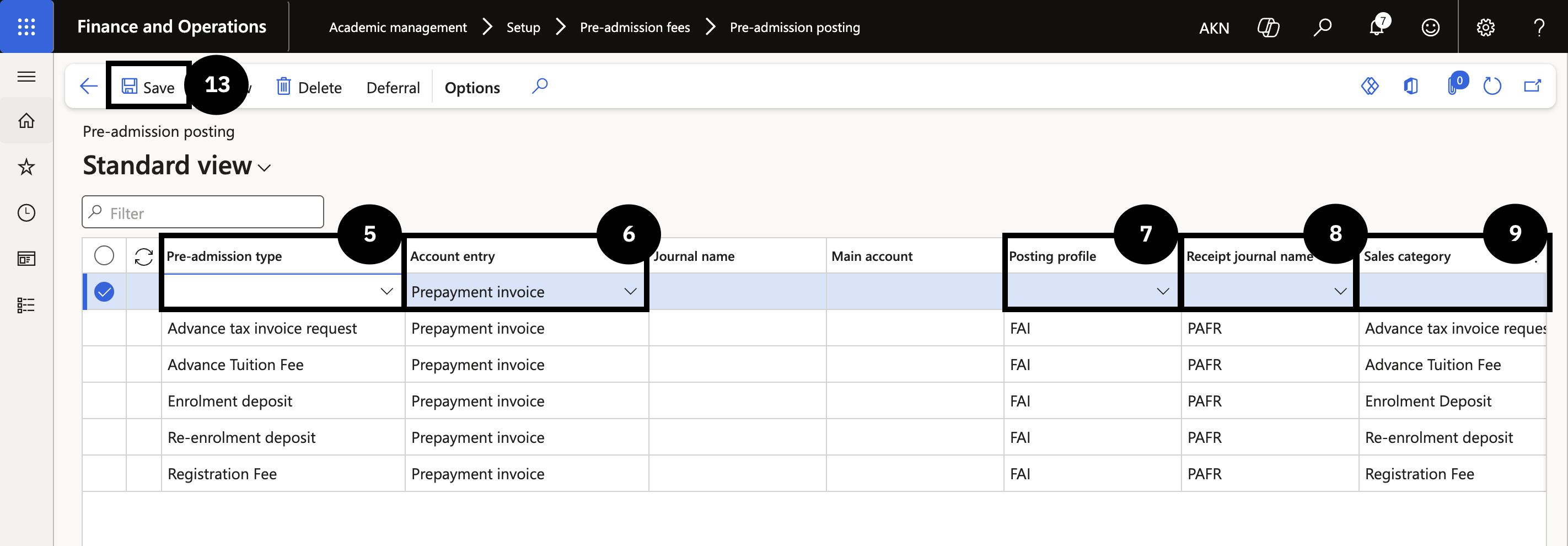 Set Up Pre-Admission Posting — the Pre-admission posting table showing multiple entries with pre-admission type, account entry, posting profile, receipt journal name, sales category, and item number columns