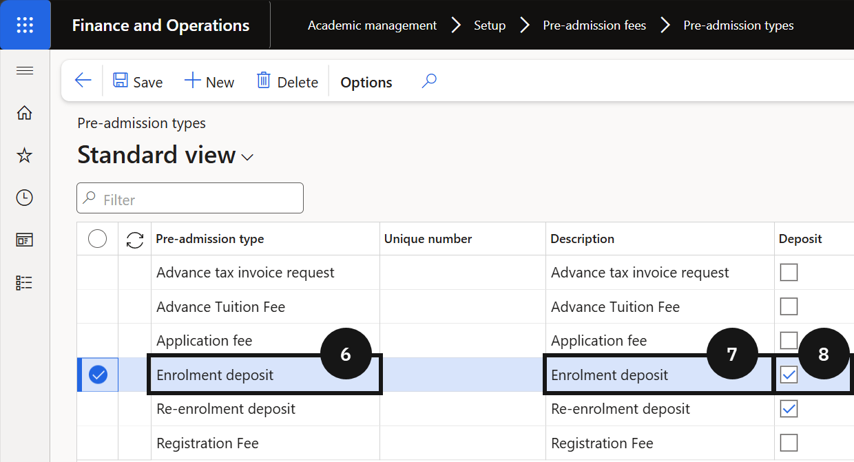 Set Up Pre-Admission Types — the Pre-admission types form with a new type entry showing the Pre-admission type, Description, and Deposit checkbox