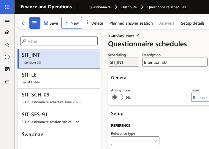 The Questionnaire Schedule list view in D365 with the New button highlighted in the Action Pane