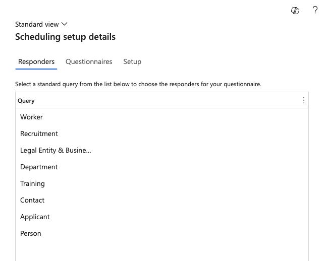 The Questionnaire Schedule form showing the recipient selection