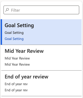 The Review templates list showing the goal setting, mid year and end of year templates