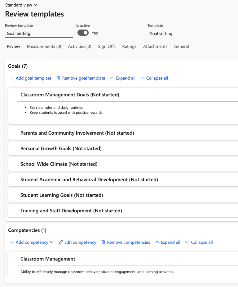 Goal templates added to the goal setting review template