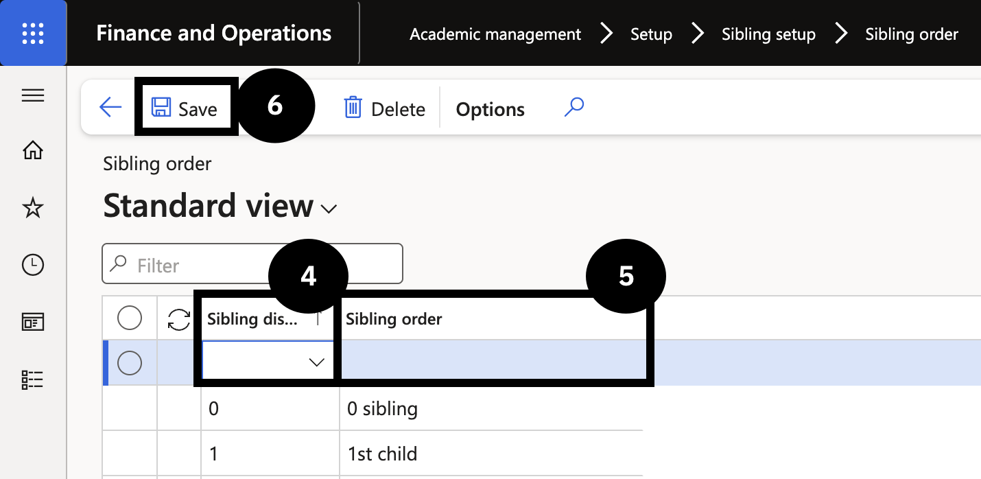 Set Up Sibling Order — the Sibling order list with the new entry showing Sibling discount order and description