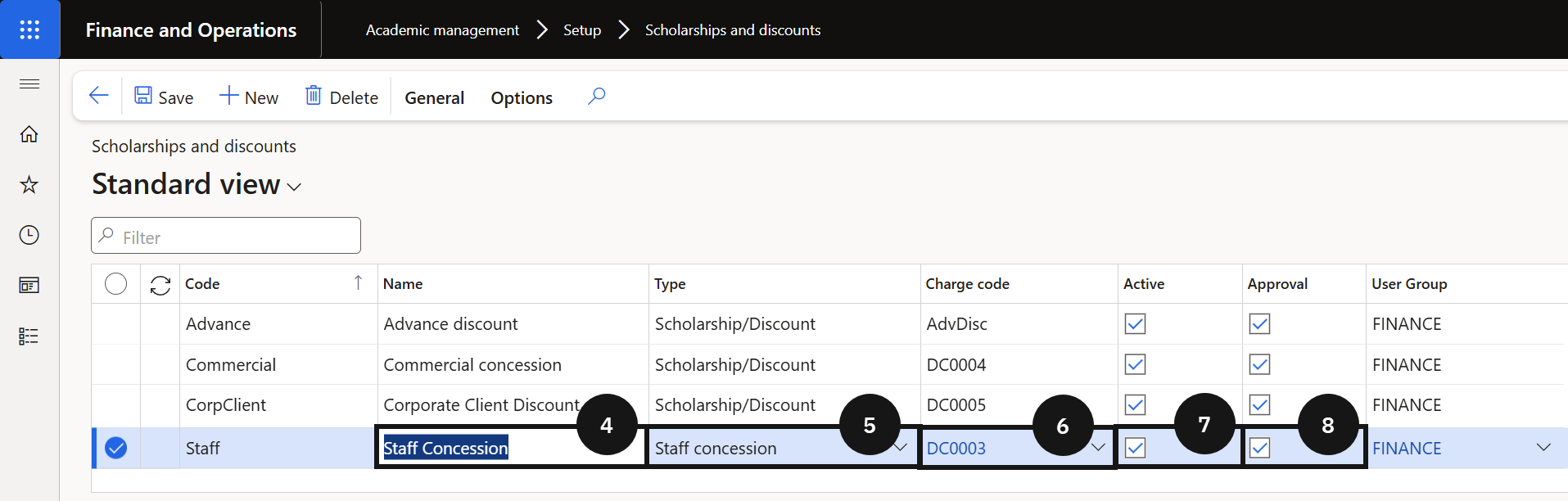 Set up staff concession code — the Scholarship and discount new record form with Type, Charge code, and Activate