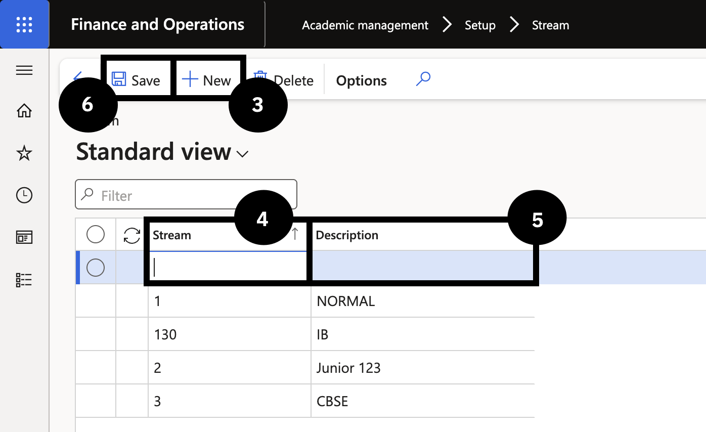 Set Up Streams — the Stream form with Stream code and Description columns