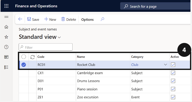 Set Up Subject and Event Names — the Subject and event names form with Code, Name, Category, Active, and Item number fields
