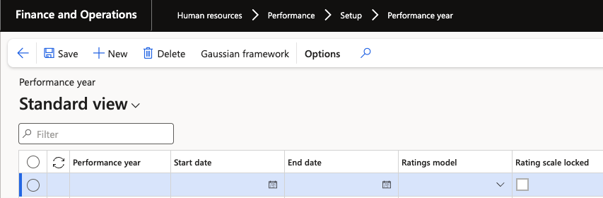 The Performance year setup form in D365