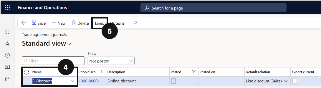 Set Up Trade Agreement — the Trade agreement journals list with the new Sibling discount journal