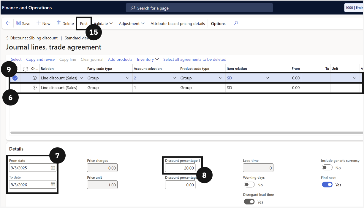 Set Up Trade Agreement — the Lines view with discount lines for each sibling position, Party code type, Account selection, and Discount percentage 1