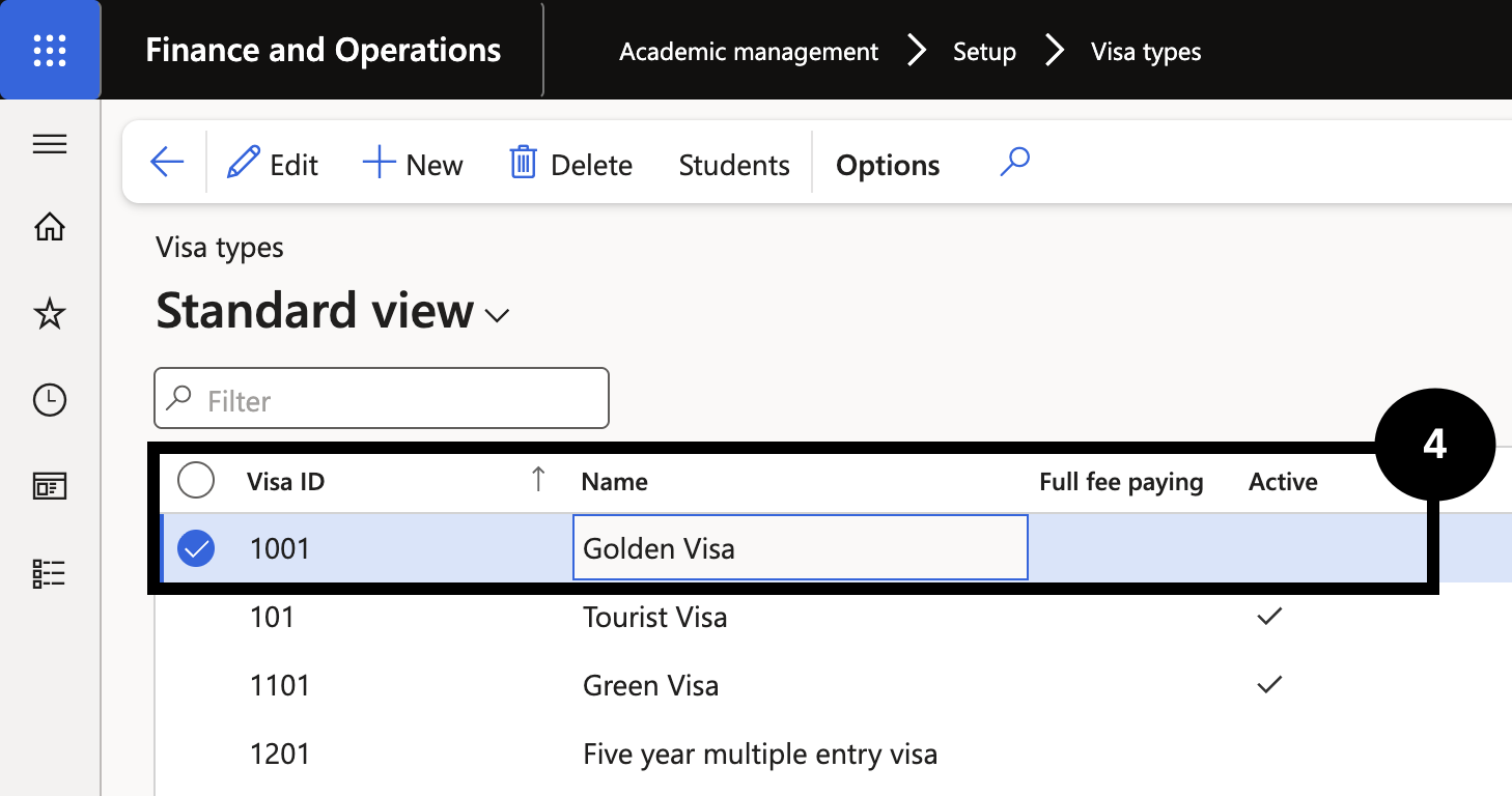 Set Up Visa Types — the Visa types list with a new entry and the Full fee paying and Active checkboxes