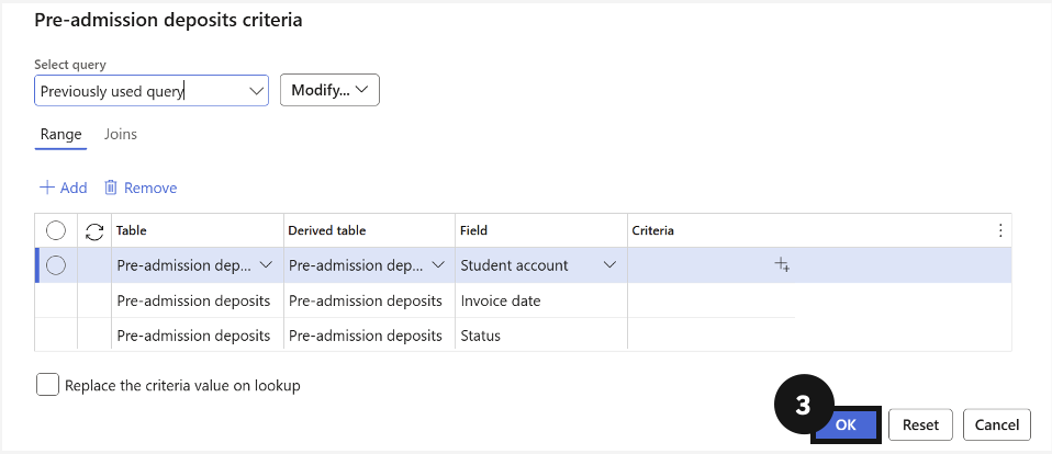 Settle Enrolment Deposits — the Pre-admission deposits list filtered to show Received deposits
