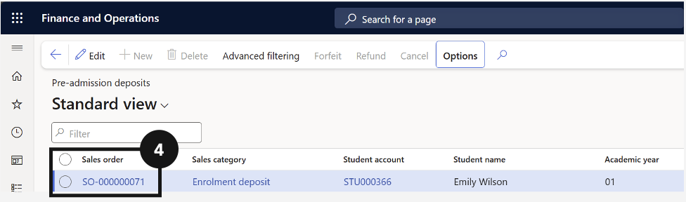 Settle Enrolment Deposits — the deposit sales order detail view