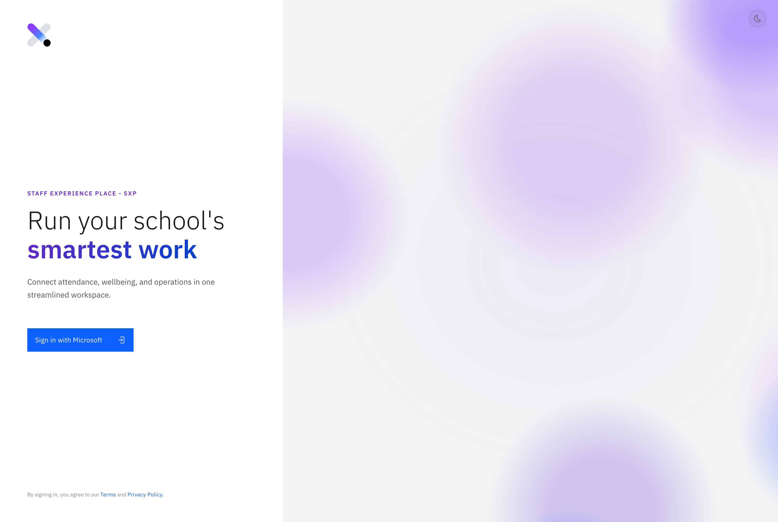 The StaffXP sign-in screen with the Sign in with Microsoft button