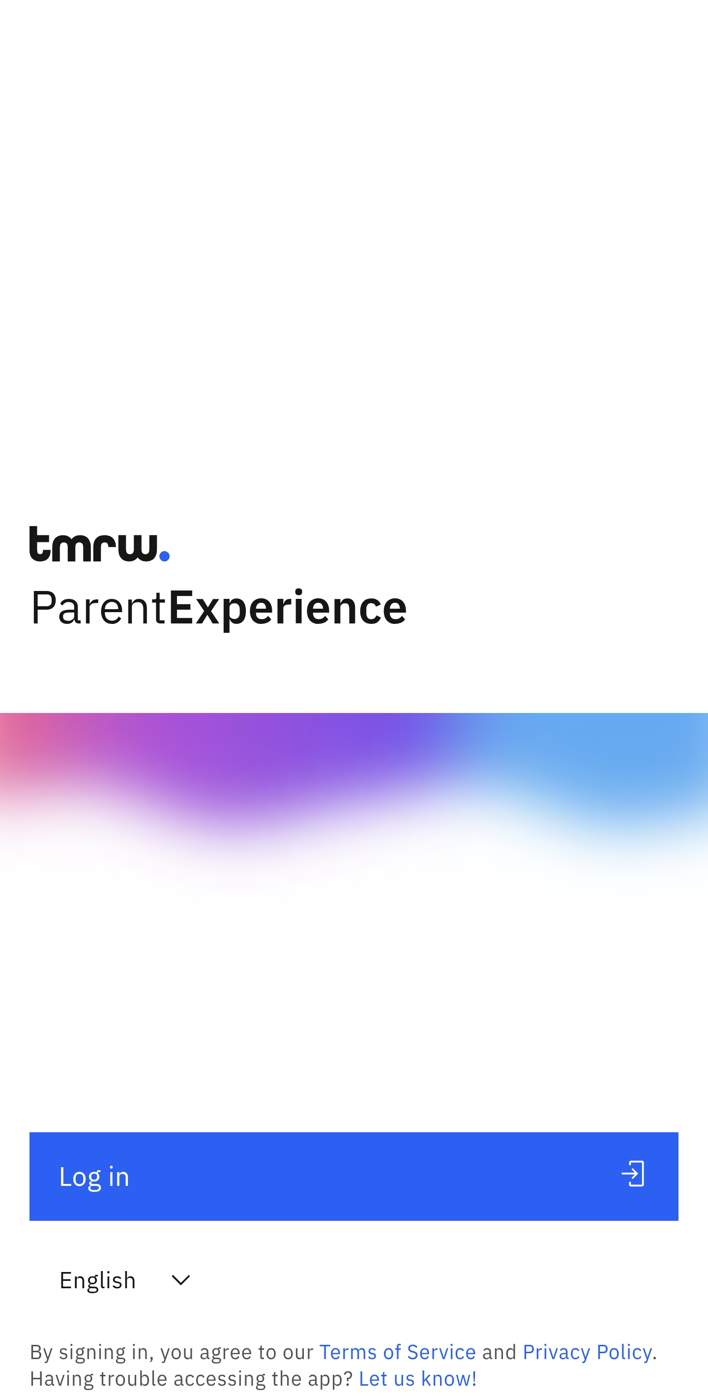 The ParentExperience app sign-in screen with the Log in button