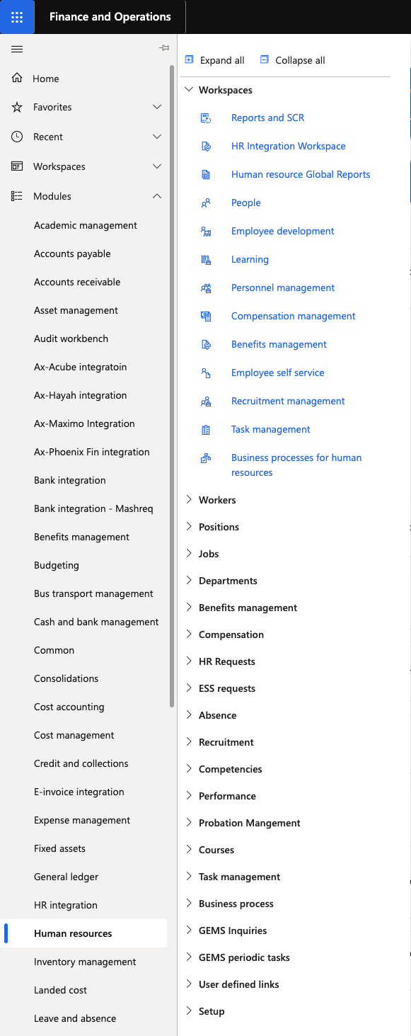 The D365 home page with the hamburger menu open, Modules selected, and Human Resources highlighted in the module list