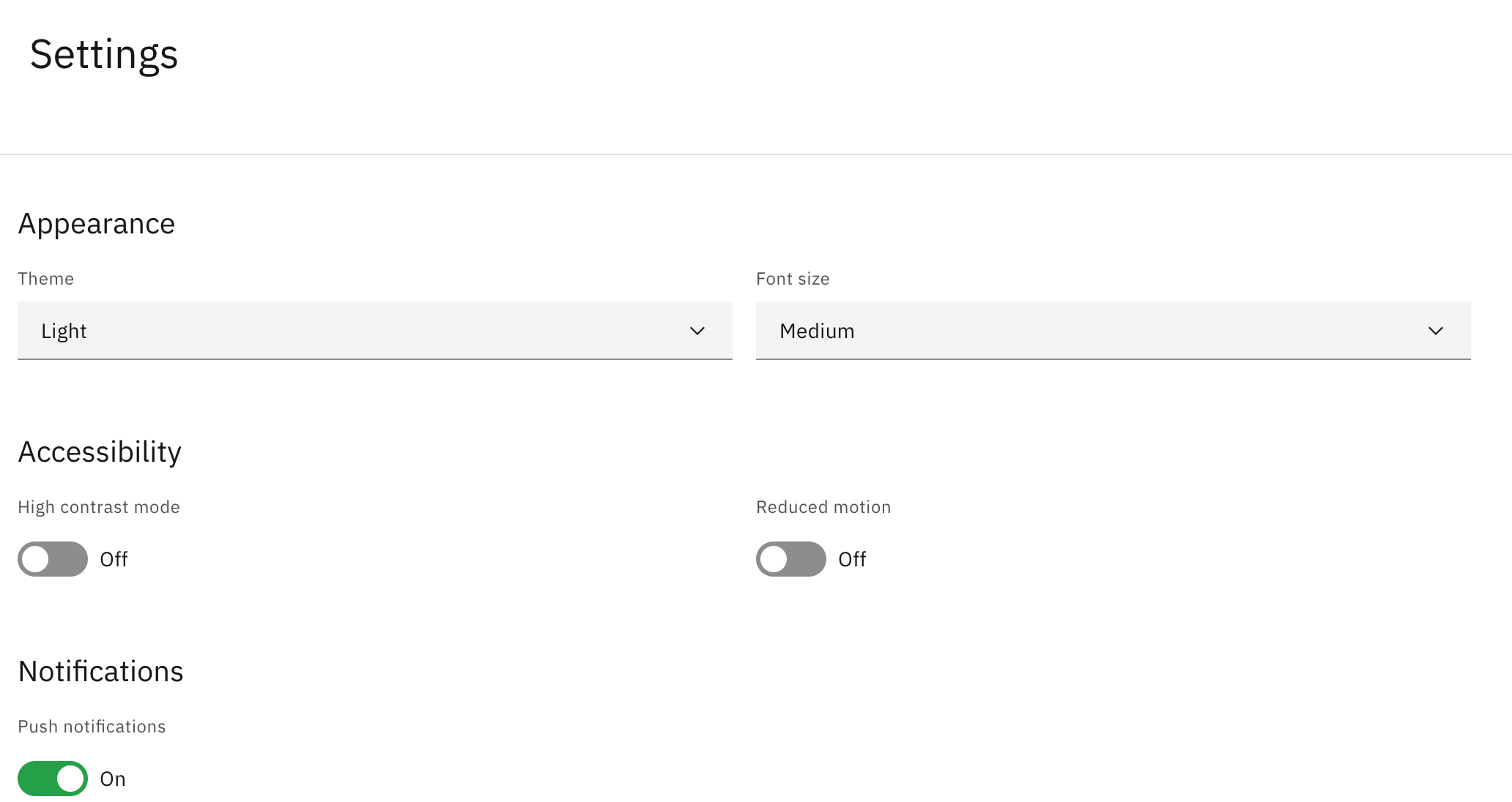 The Settings page with the Appearance, Accessibility, and Notifications sections