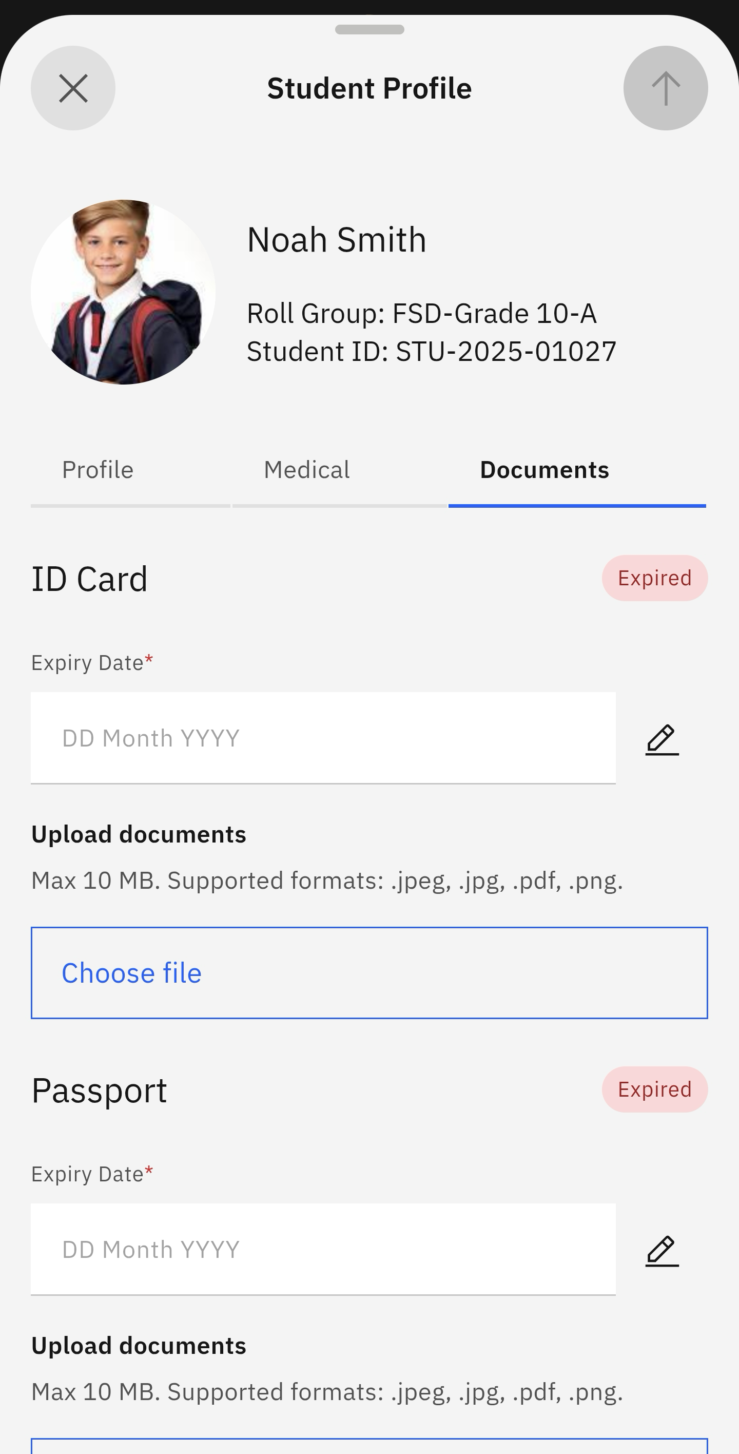 Documents tab of the student profile in edit mode
