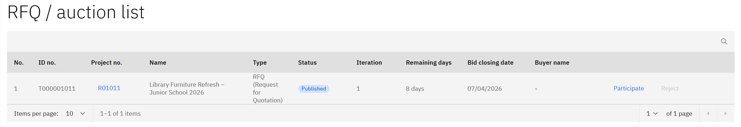 The vendor RFQ page showing the project listing and the Participate button