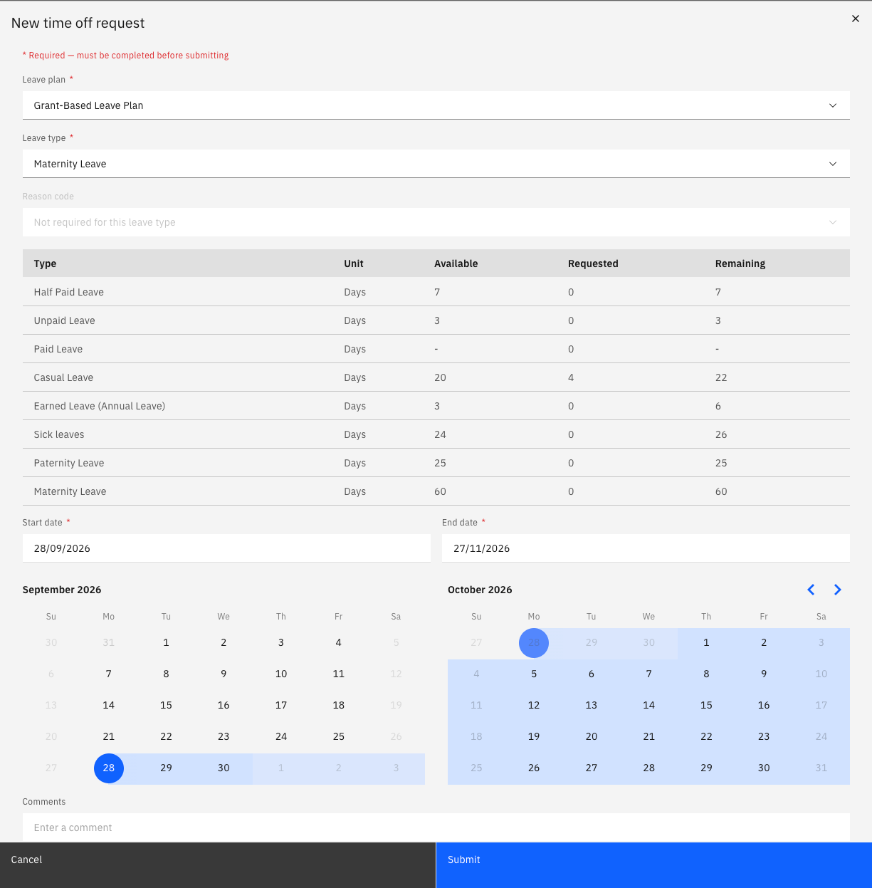 The time off request form showing a maternity leave request with the end date calculated from the 60-day grant