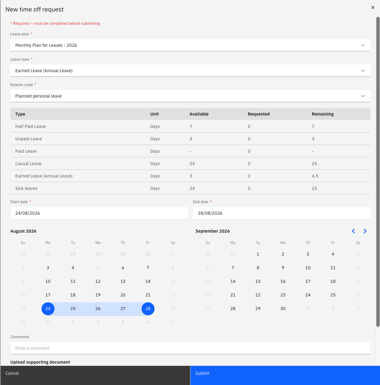 The time off request form with leave plan, leave type, reason code and dates completed