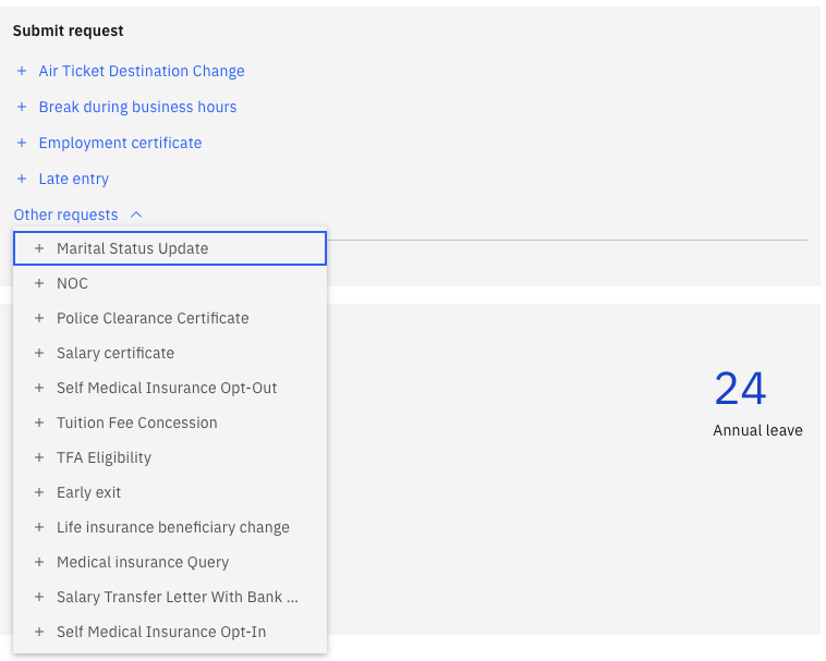 The HR Requests section showing a list of available request types for the employee to choose from