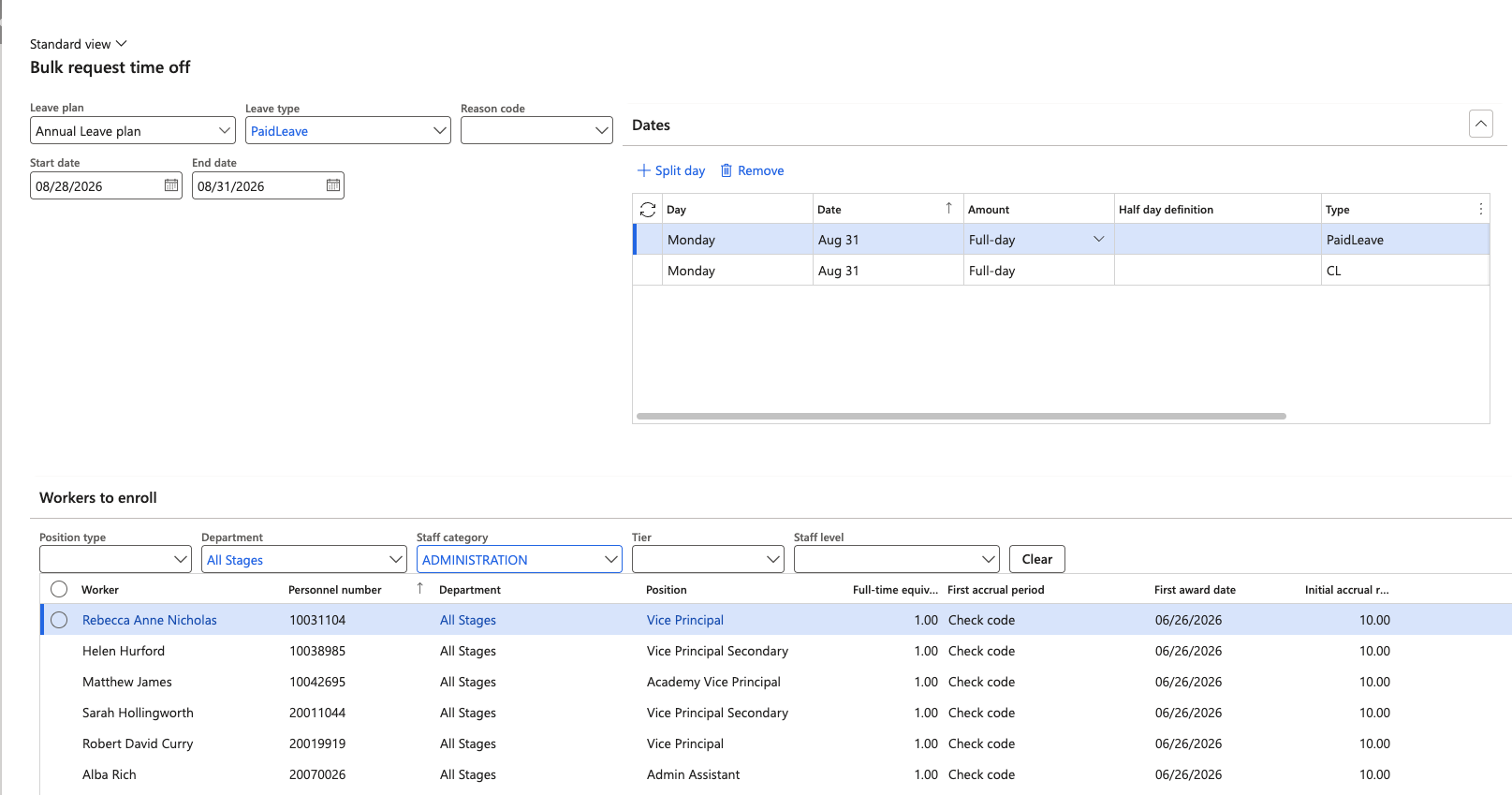 The bulk request worker list filtered by department and staff category