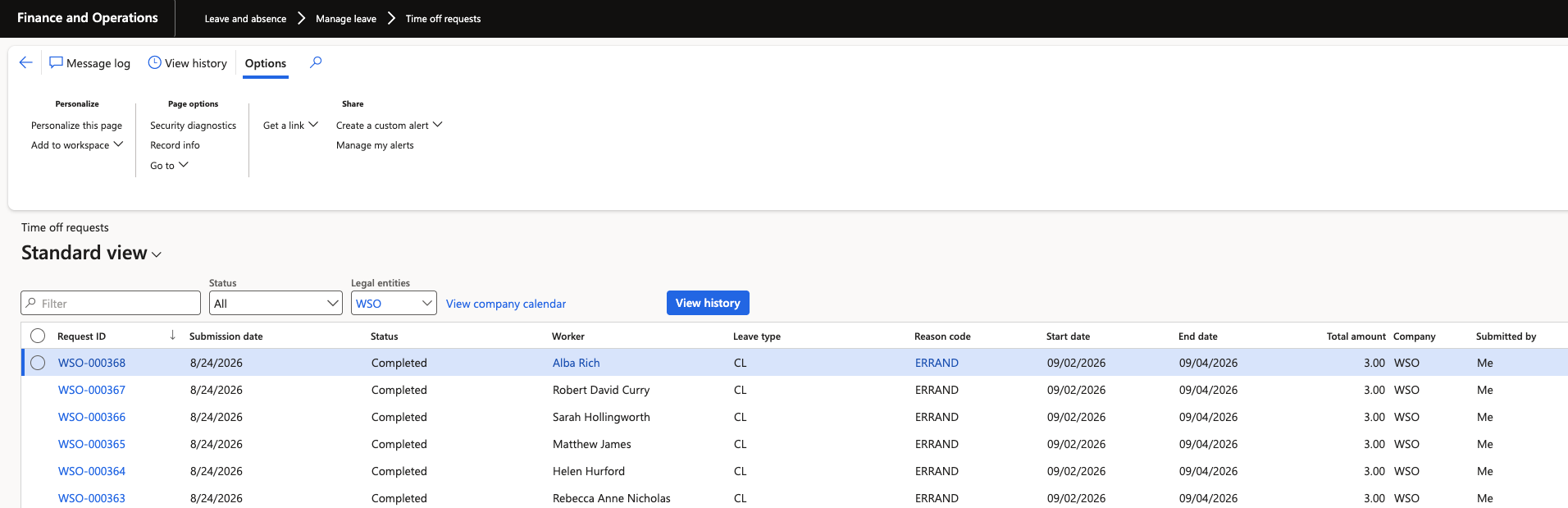The time off requests list showing the bulk-created requests completed