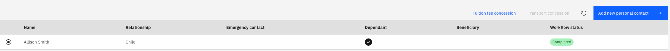 Selected dependent with the tuition concession link activated