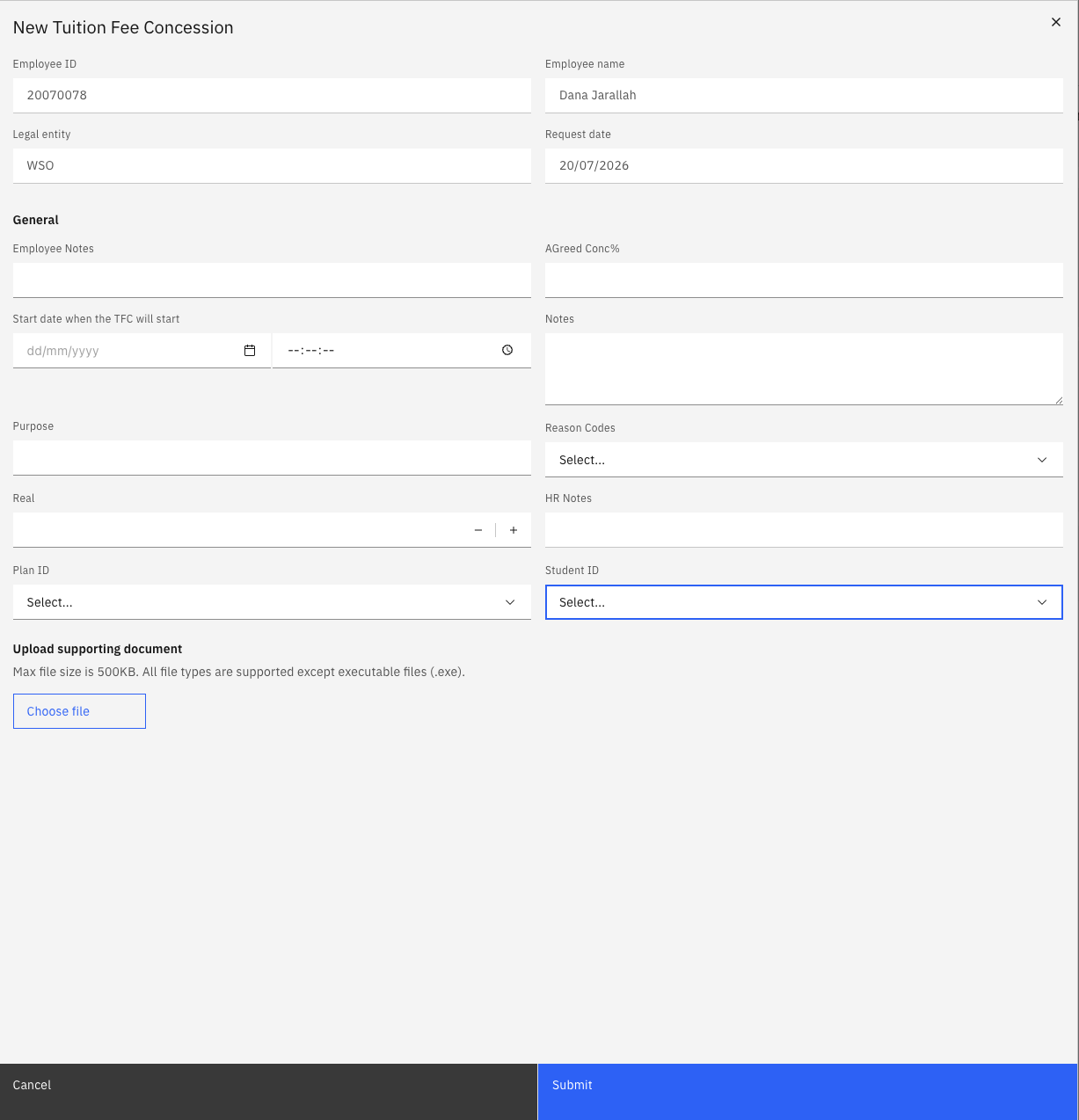 The Tuition Fee request form showing the dependent selector and the Submit button active below it
