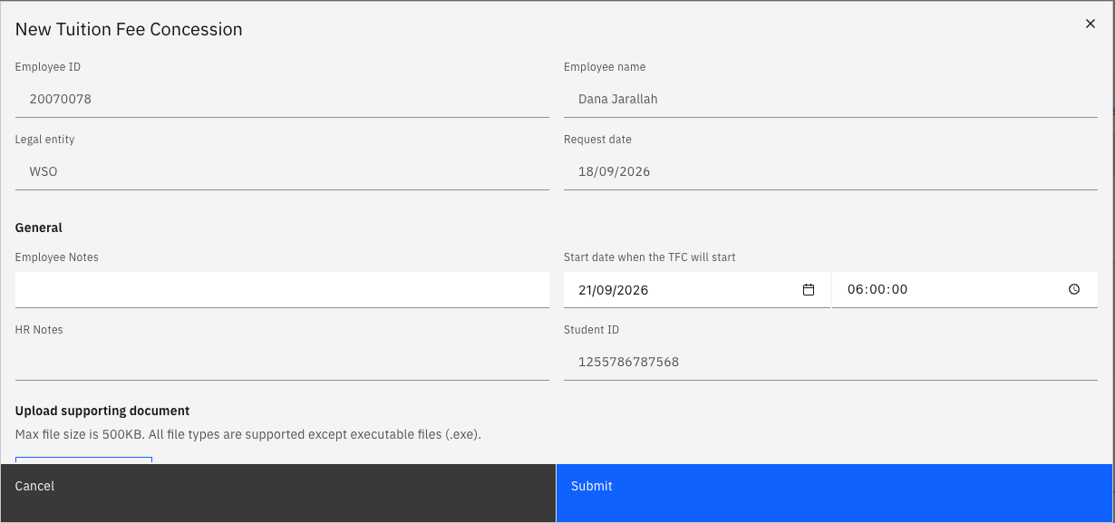 Tuition fee concession request popup form