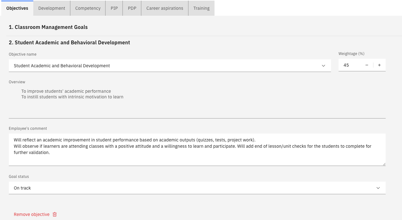 A goal in the goal setting review with weighting, comments and status completed