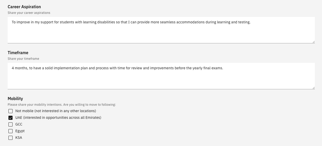 The career aspirations section with role, time frame and mobility preferences