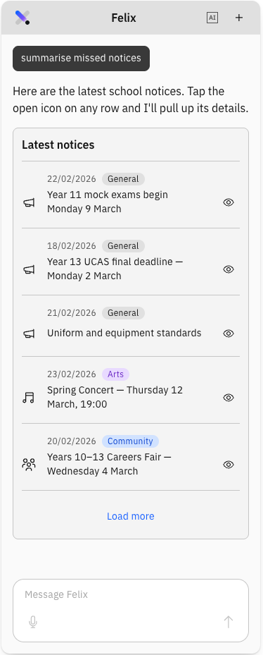 Felix notice summary showing the latest notices