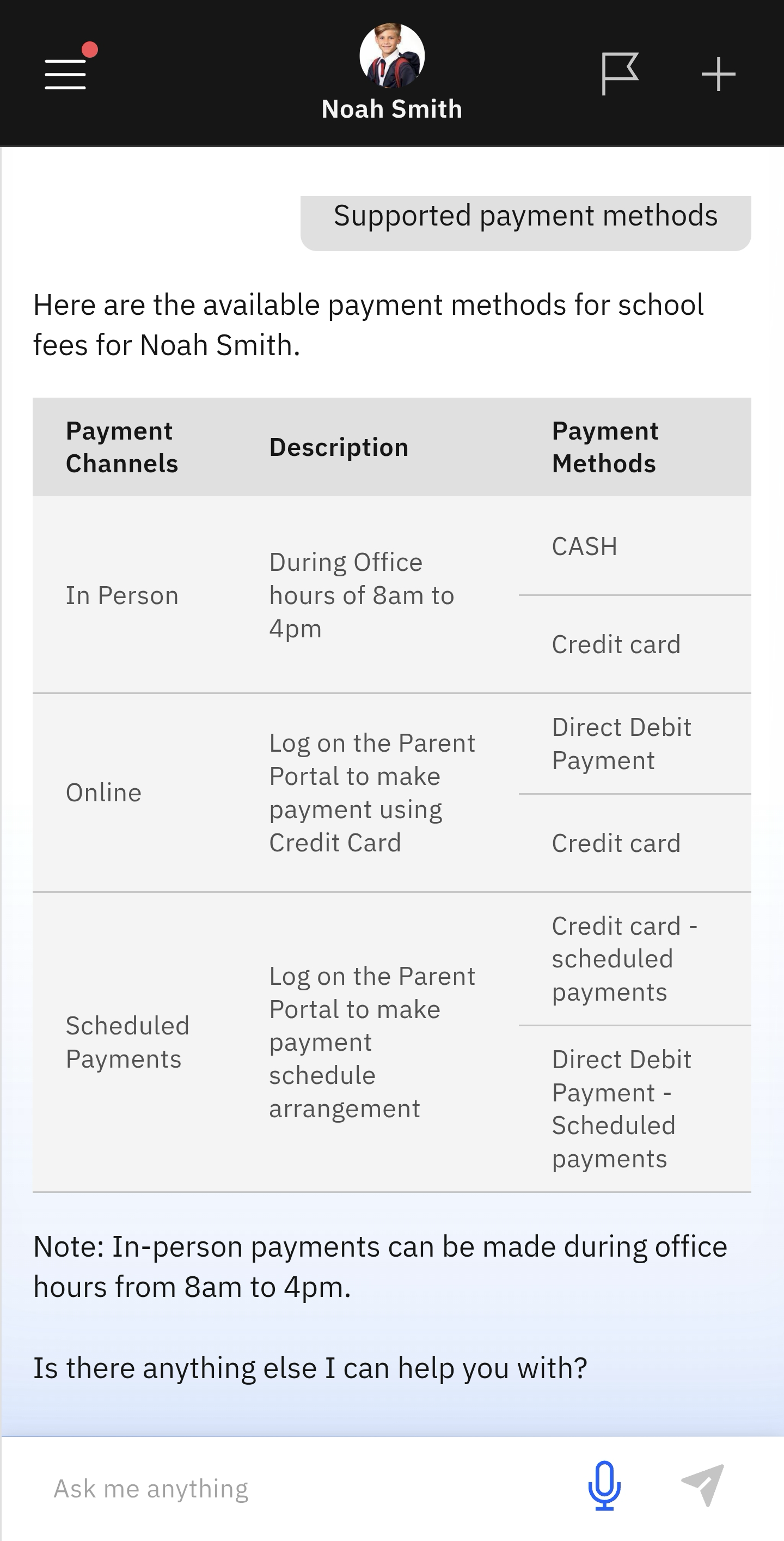 Table showing different supported payment methods at the school, including in-person office hours