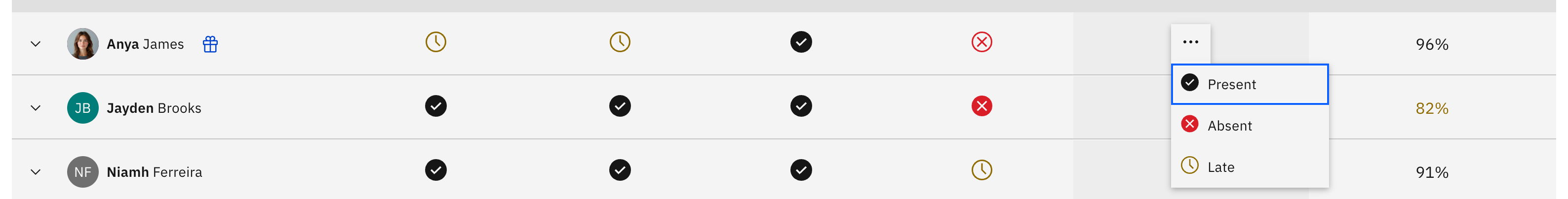 A roll row with today's status menu open, showing Present, Absent, and Late