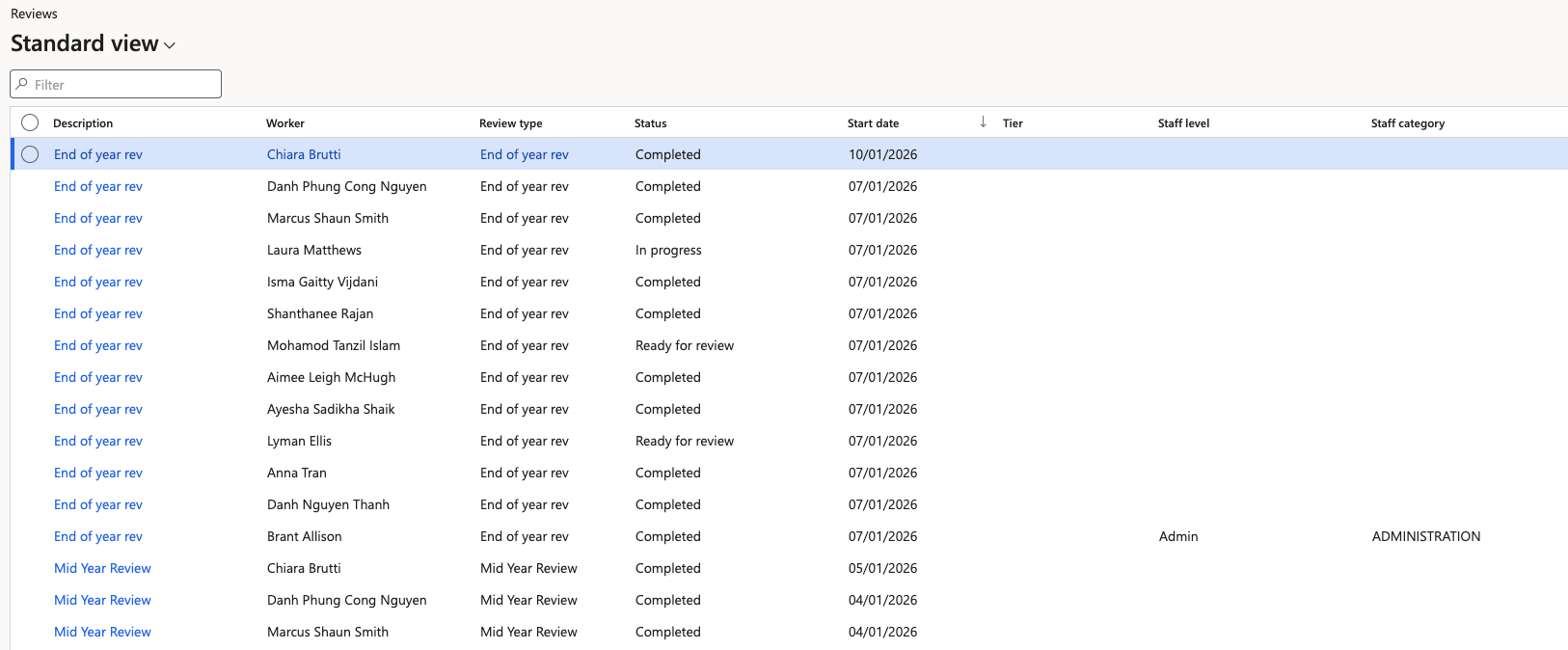 The Reviews list in D365 showing review records and their statuses