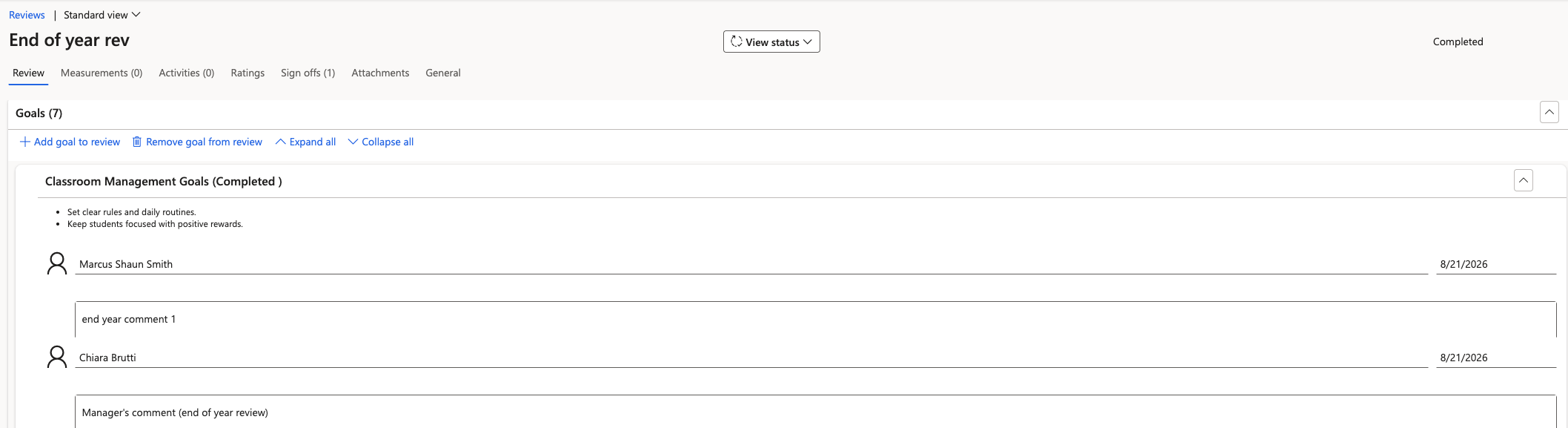An open review showing employee and manager comments against each goal