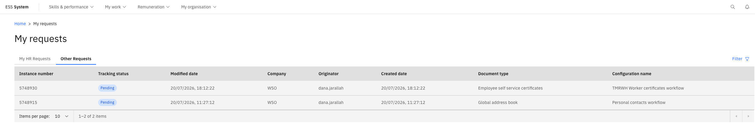 The HR request detail view showing the request status, HR Feedback field, and a Download link for an attached document