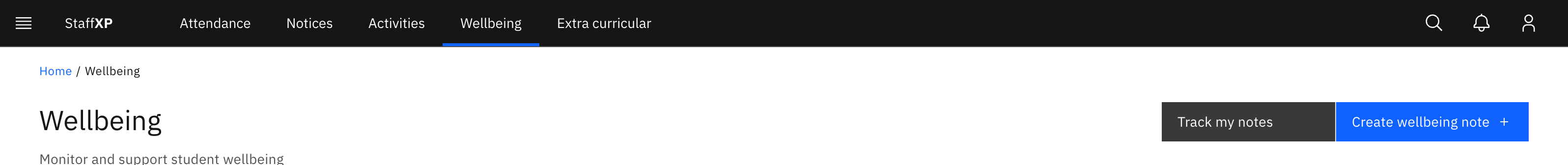 The Wellbeing landing page header with the Track my notes button at the top right