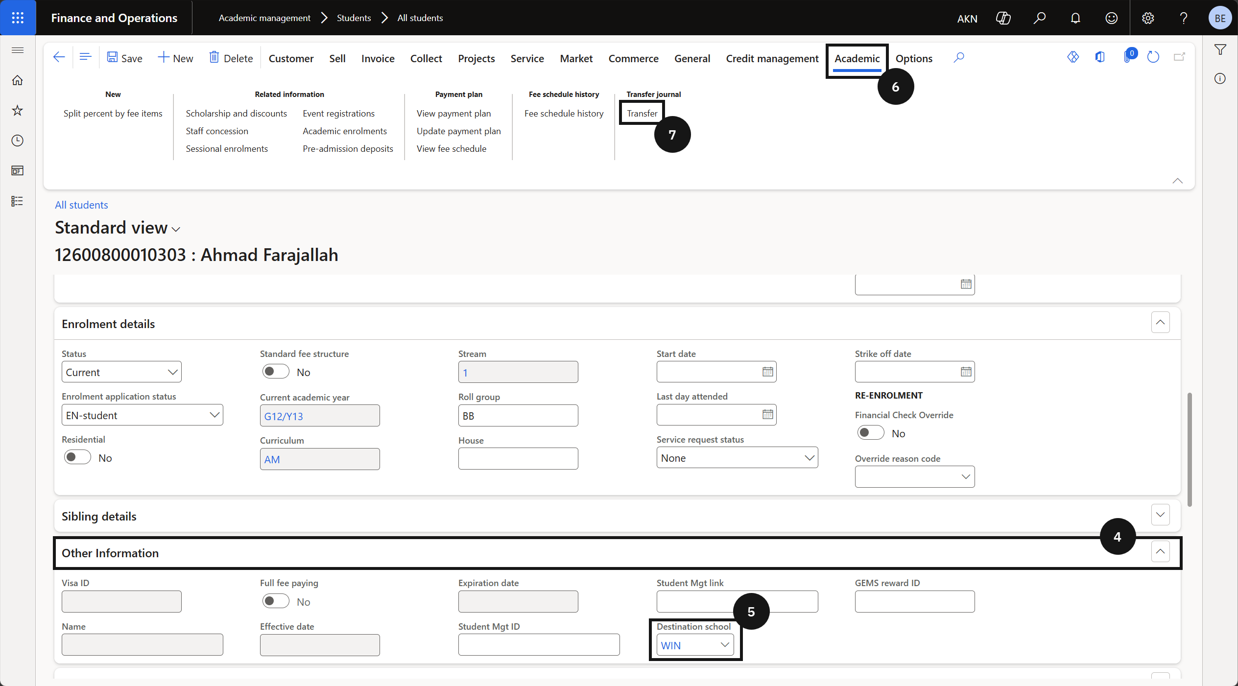 Transfer Customer Credit Balance — the student record with Other Information expanded showing the Destination school field