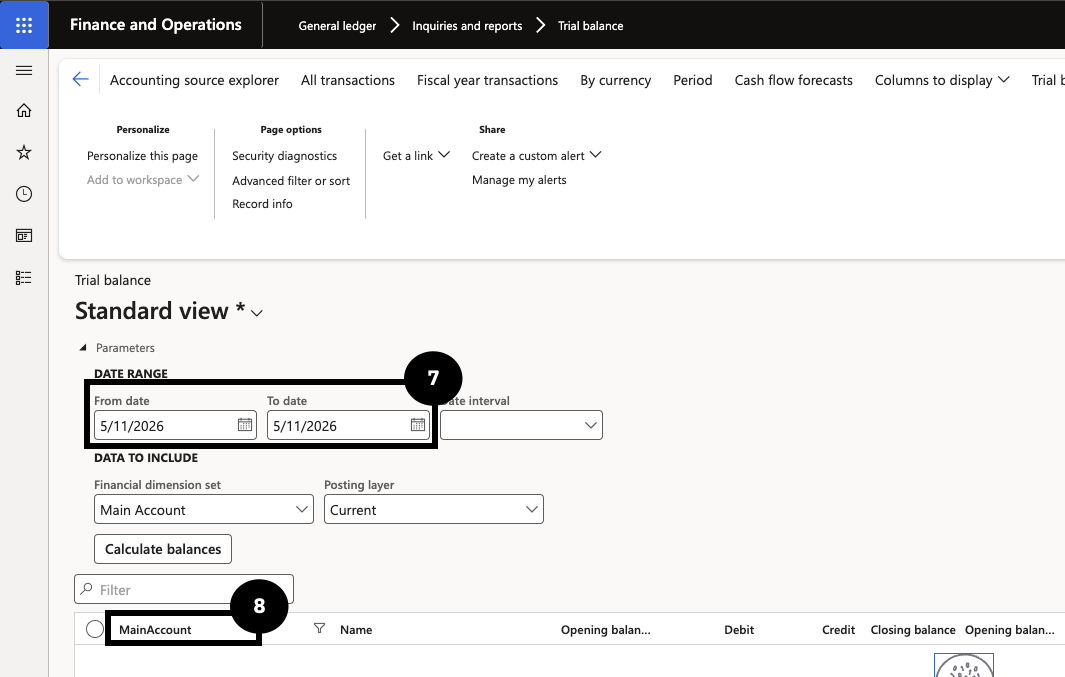 Transfer GEMS Reward Points — the Trial balance filtered by the GEMSPR main account showing debit and credit amounts