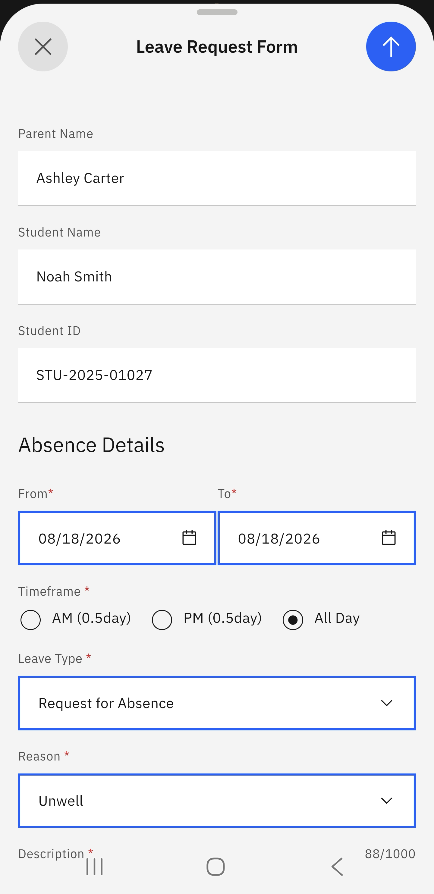 Open leave request form with send button activated