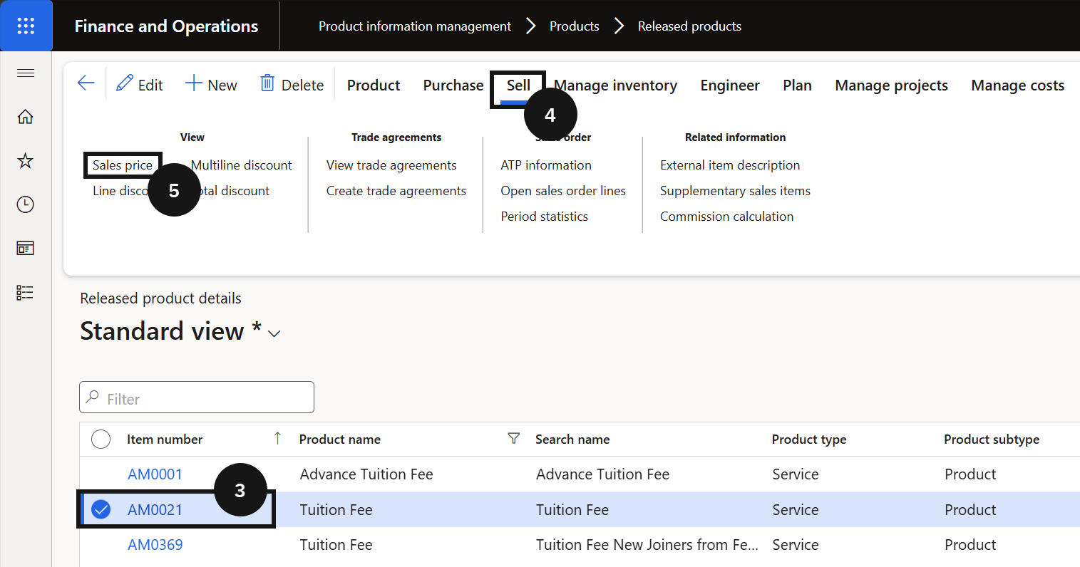 Update Fee Structure Prices — the Released products Sales price view with the fee line selected and Edit selected lines option