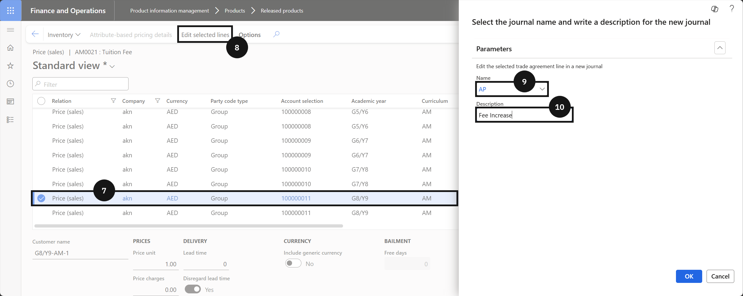 Update Fee Structure Prices — the Edit selected lines dialog with Name and Description fields