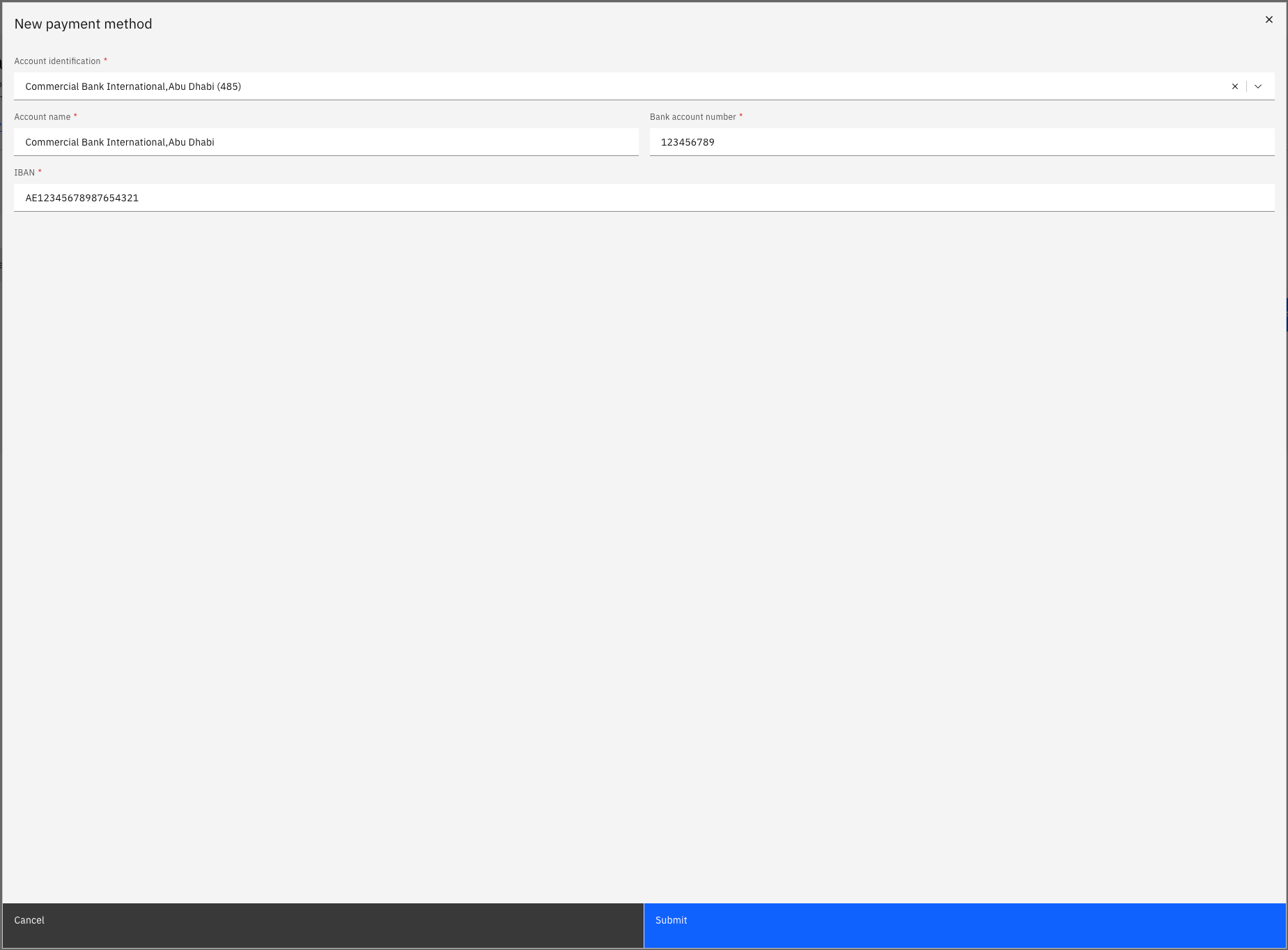The Add New Payment Method form showing the bank name, account name, account number, and IBAN fields