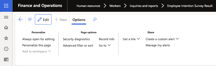 The Employee Intention Survey Result record with the Edit button highlighted in the Action Pane