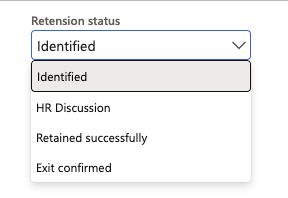 The Retention Status dropdown open on an employee record, showing HR Discussion, Retained successfully, and Exit confirmed options